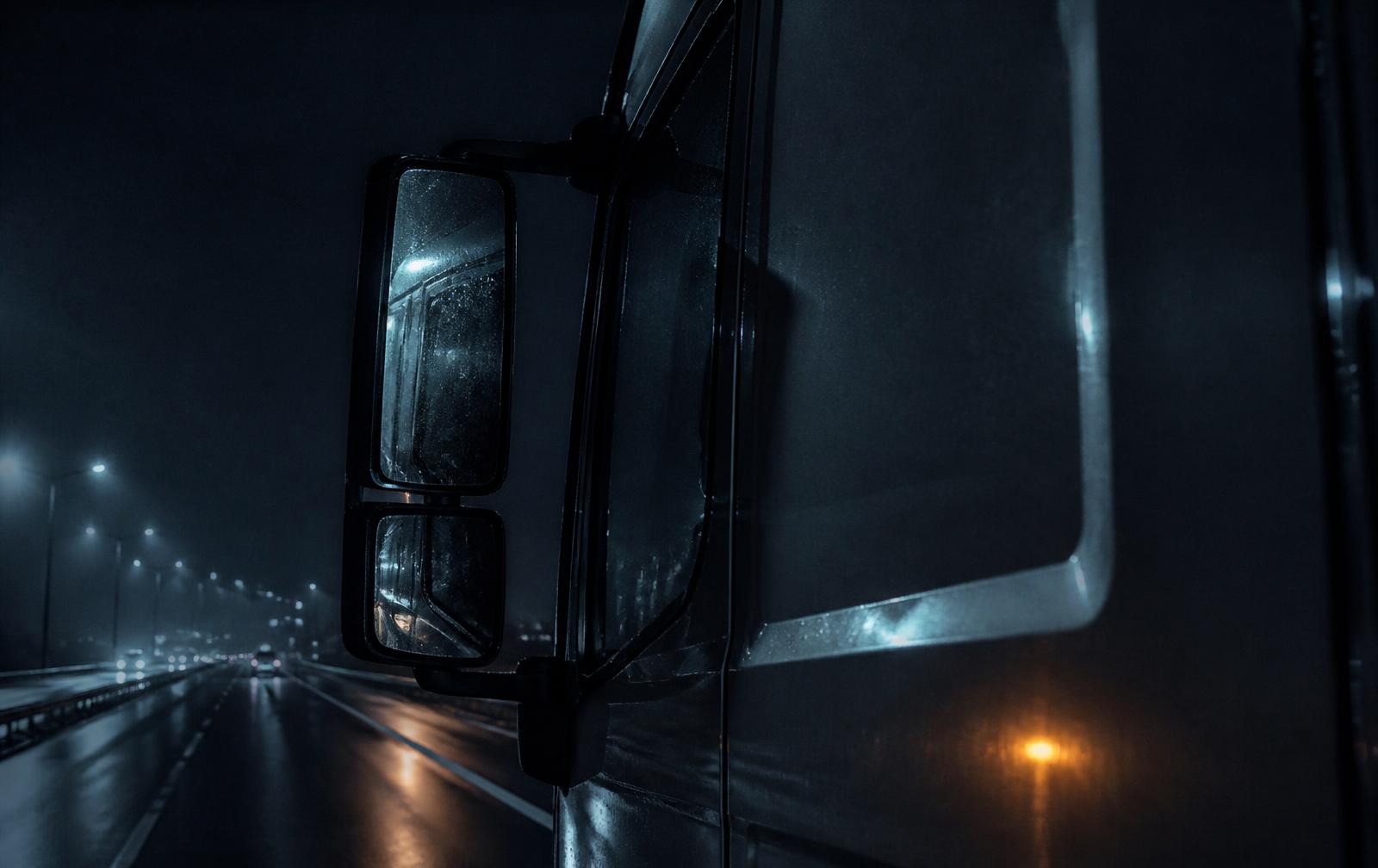 Fahrerkabine eines Sattelzugs bei Nacht auf nasser Autobahn